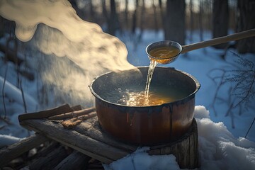 the process of evaporating the water in maple sap, to create a thick and sweet syrup, created with generative ai - obrazy, fototapety, plakaty