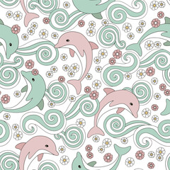 Dolphin and waves vector seamless pattern. Hawaii vacation background. Retro surface design for textile, scrap book 