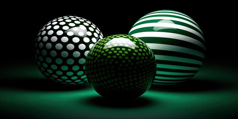 3 green and white spherical objects. Generative AI image.