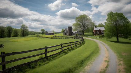 Fototapeta premium A peaceful and serene countryside farm with green pastures, grazing livestock, and traditional barns, radiating the simple pleasures and beauty of rural life