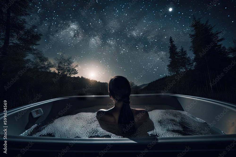 Canvas Prints person, submerging into warm bathtub, with view of the stars and moon visible through the clear night sky, created with generative ai