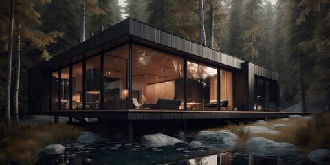 AI Generated. AI Generative. Photo realistic illustraion of modern vintage wood cabin hotel room in dark forest. Romantic couple vacation vibe. Graphic Art