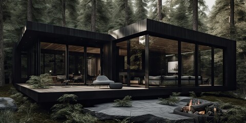 AI Generated. AI Generative. Photo realistic illustraion of modern vintage wood cabin hotel room in dark forest. Romantic couple vacation vibe. Graphic Art