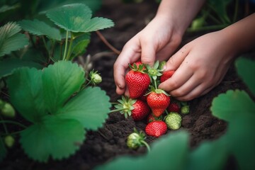 child's hands picking strawberries in the garden- Ai