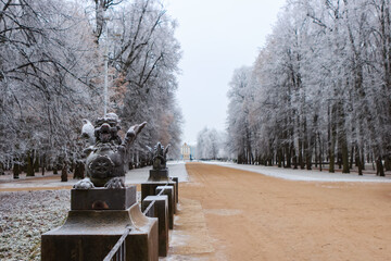View of the bridge and the snow-covered path in the park