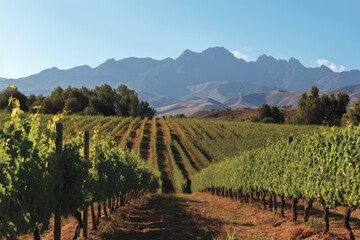 vineyard surrounded by mountains, with a single peak visible in the distance, created with generative ai