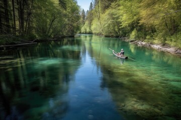 canoeist paddling down clear and calm river, with tranquil setting, created with generative ai