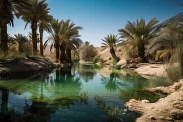 Fototapeta na wymiar oasis with palm trees and crystal clear water in the middle of desert, created with generative ai