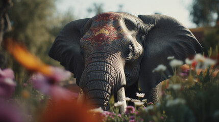 Fototapeta na wymiar Elephant in a flower garden Generative AI 