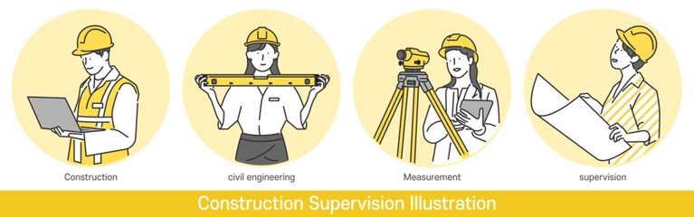 illustrations of safety management and supervision of workers in construction site interior, construction, civil engineering, and construction management