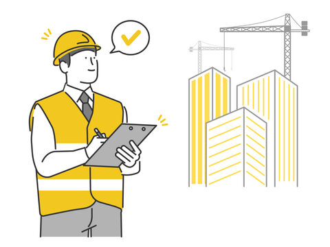 illustrations of safety management and supervision of workers in construction site interior, construction, civil engineering, and construction management