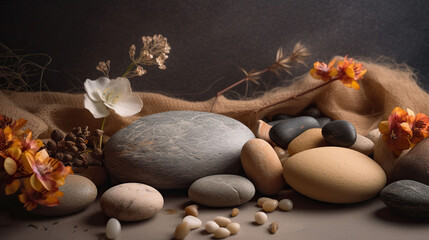 Fototapeta na wymiar Composition with symbolic objects for spa salon. Stone therapy attributes for cosmetic procedures. Conceptual image, rocks and flowers representing balance. AI Generative