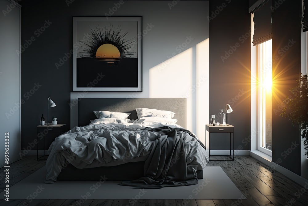 Sticker a modern bedroom, with sleek lines and minimalist decor, illuminated by the sunrays, created with generative ai