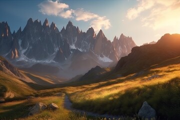 majestic mountain landscape in dawn, with the first rays of sunlight illuminating the peaks, created with generative ai