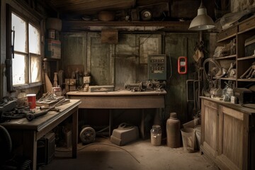 a weathered and worn garage, with vintage tools and furniture in place, created with generative ai