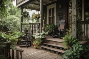 Fototapeta na wymiar porch with rocking chair and potted plants, surrounded by lush greenery, created with generative ai
