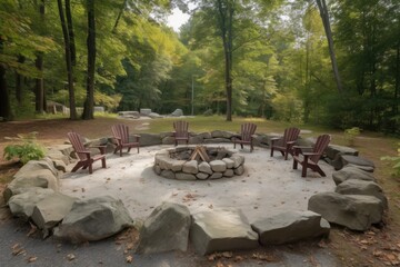 campsite with fire pit and chairs for gathering around, created with generative ai