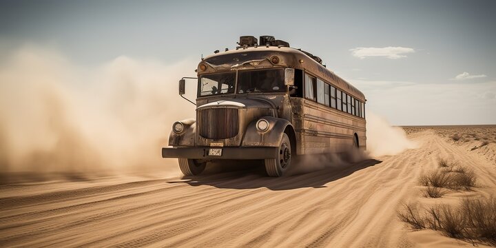 AI generated. AI Generative. Photo realistic illustration of bus riding in the desrt on the road. Graphic Art