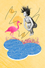 Collage artwork image picture of crazy happy girl celebrate summer weekend jumping pool have fun beige color painting background