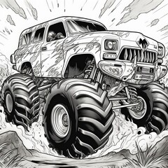 Coloring page - monster truck driving through the air