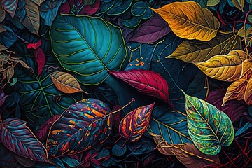 close-up of fallen leaves surrounded by colorful foliage, created with generative ai