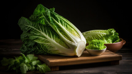 Fresh cut chinese cabbage on wooden background. AI Generative
