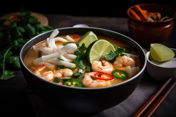 bowl of tom yam soup, ready to be served with a side of rice noodles, created with generative ai