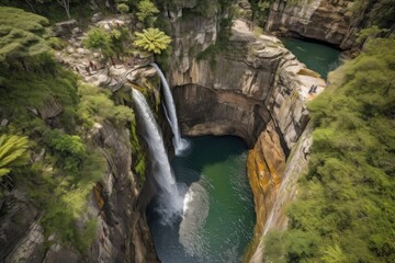 dramatic waterfall scenes shot from above, with the water cascading down into a pool below, created with generative ai