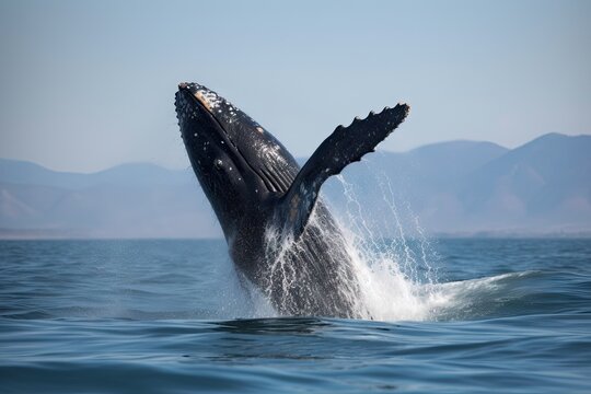 baby whale breaching in the ocean, its black skin shining against the water, created with generative ai