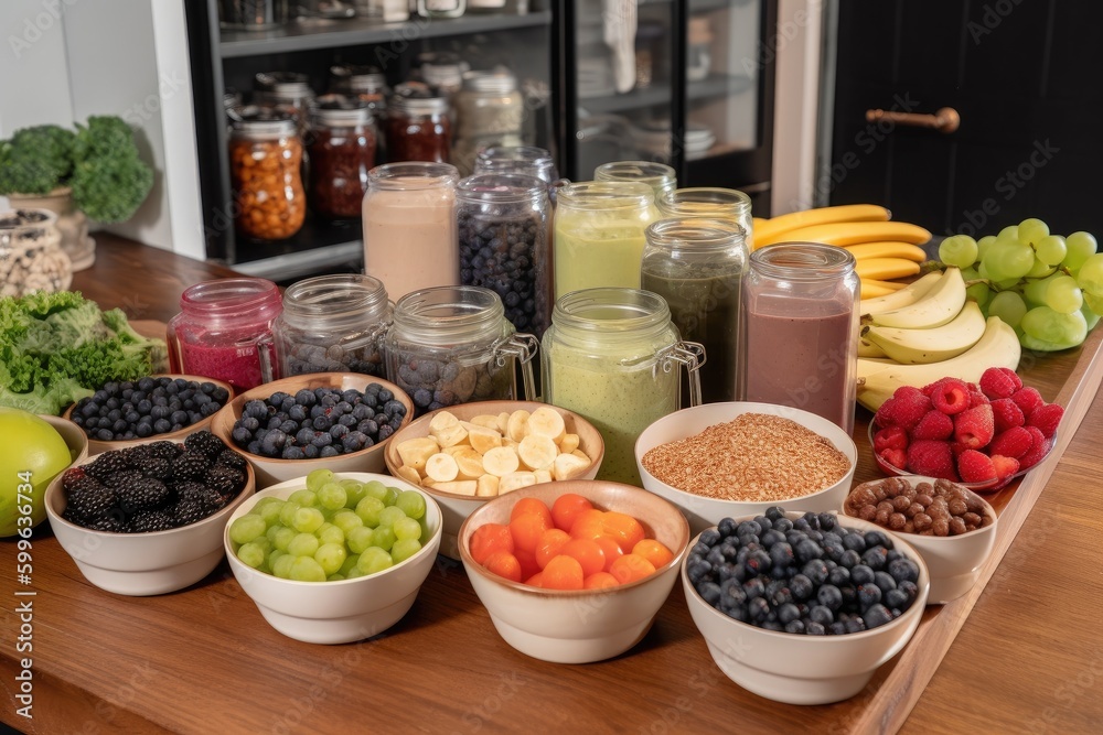 Wall mural smoothie bar with variety of ingredients, including fruits, vegetables and proteins, created with generative ai