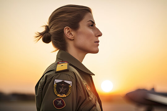 AI generating illustration side view of a confident young military woman in camouflage uniform looking away at the sunset on the street