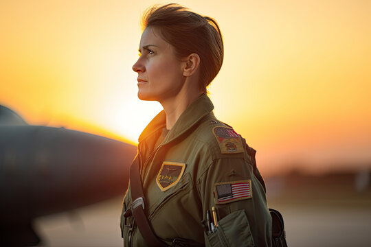 AI generating illustration side view of a confident young military woman in camouflage uniform looking away at the sunset on the street
