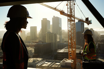 Generative AI illustration of serious young female engineer in hardhat talking to colleague while standing on construction site against crane and cityscape and discussing details of project