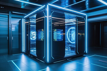 Generative AI illustration of futuristic spacious cyberspace building corridor with super computer showing data in virtual environment