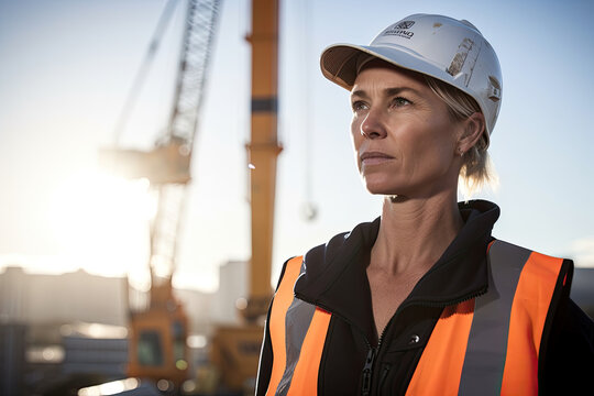Generative AI illustration of pensive adult female construction engineer in hardhat and vest looking away thoughtfully while standing against crane on high rise construction site during work process