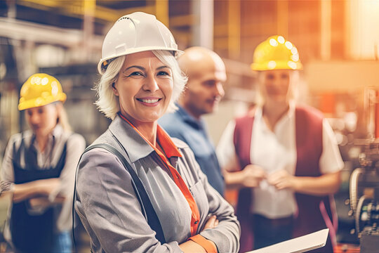 Generative AI illustration of cheerful mature female architect in hardhat smiling and looking at camera while standing with crossed arms against blurred colleagues during construction works