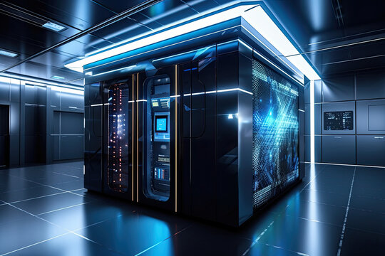 Generative AI illustration of digital terminal with glowing lights placed in futuristic data center with tiled floor