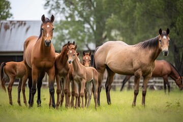 herd of horses, with one newborn foal in the center, created with generative ai
