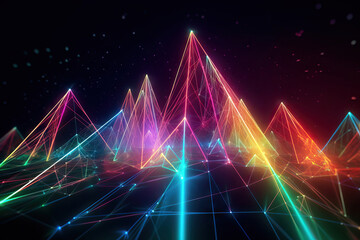 Colorful glowing futuristic laser lights forming patterns against dark night sky created with generative AI technology