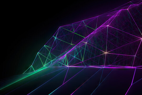 Abstract background from colored technological neon lines glowing in dark room created with generative AI technology