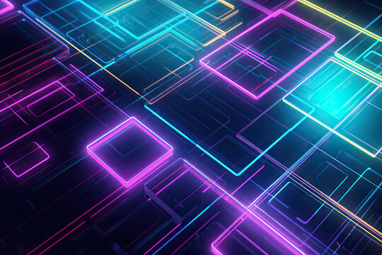 Abstract background of square and rectangle shaped neon glowing lights reflecting on dark surface created with generative AI technology