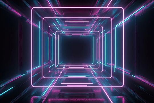 Abstract background of futuristic tunnel with bright neon lights created with generative AI technology