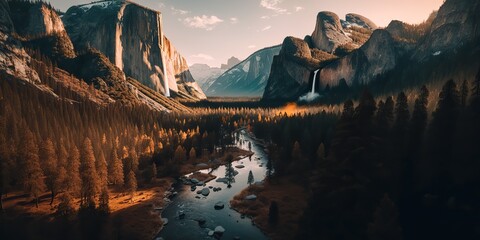 AI Generated. AI Generative. Photo realistic illustration of usa american national park in the evening morning. Adventure explore vibe. Graphic Art