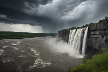 dramatic waterfall scene with stormy sky, thunderstorm in the distance, created with generative ai