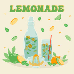 Lemonade and  drink in a jug and a glass with slices of lemon and ice. vector illustrator