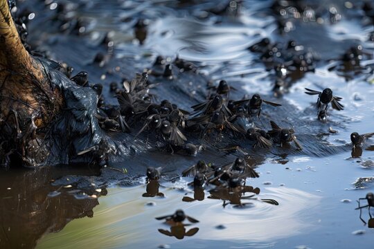 oil spill covered in a blanket of black flies, created with generative ai