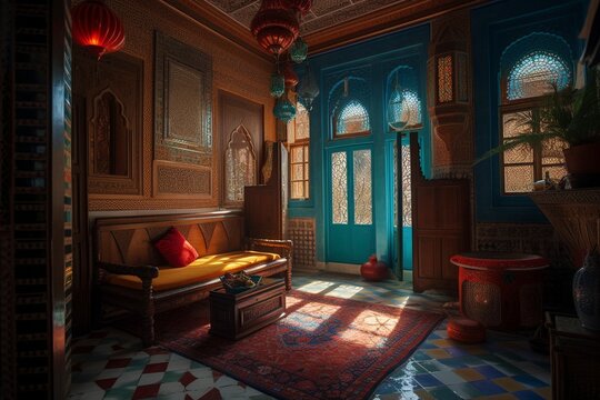 Interior of the colorful Moroccan riad