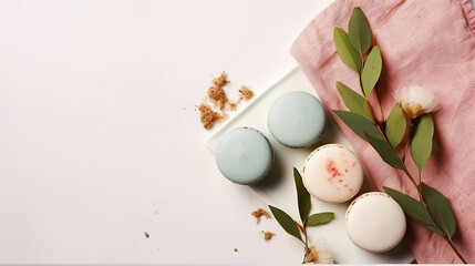 Stylish composition of French macarons eucalyptus & cotton boll on white stucco plaster textured table. Happy valentine Birthday spring present. Copy text space, flat lay. AI Generative