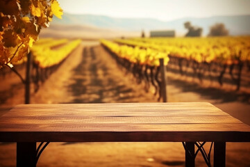 Naklejka premium Wooden Table for Product Display in Grape Farm, Autumn Illustration with Blurred Background. Generative AI