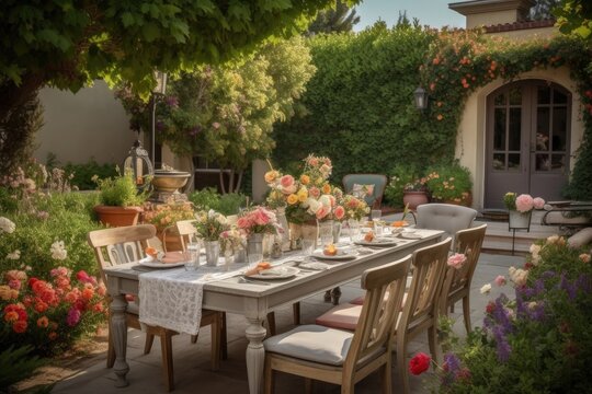 tasteful al fresco dining with stylish tables, chairs and floral centerpiece, created with generative ai